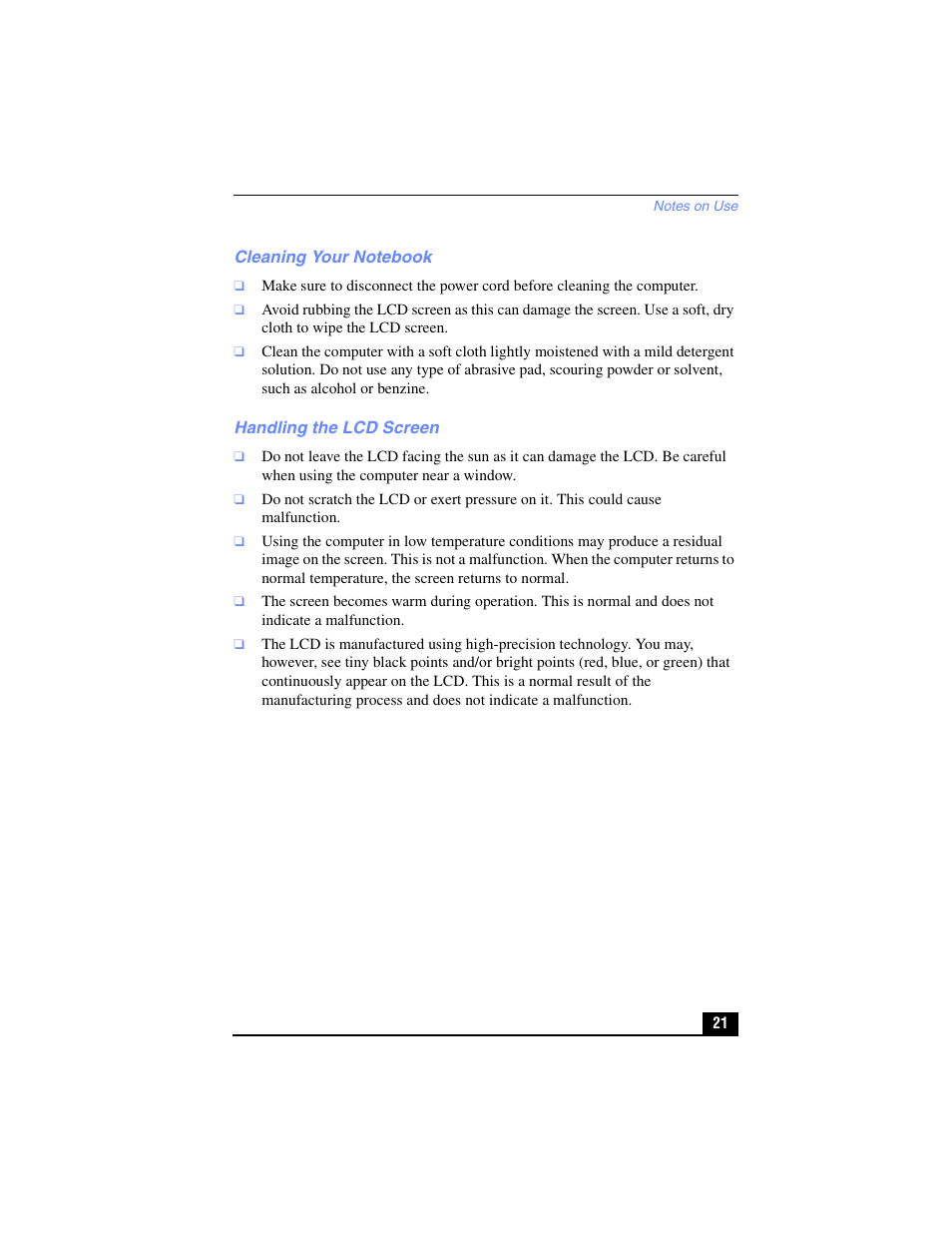 Cleaning your notebook, Handling the lcd screen, Cleaning your notebook handling the lcd screen | Sony PCG-R505TL User Manual | Page 21 / 146
