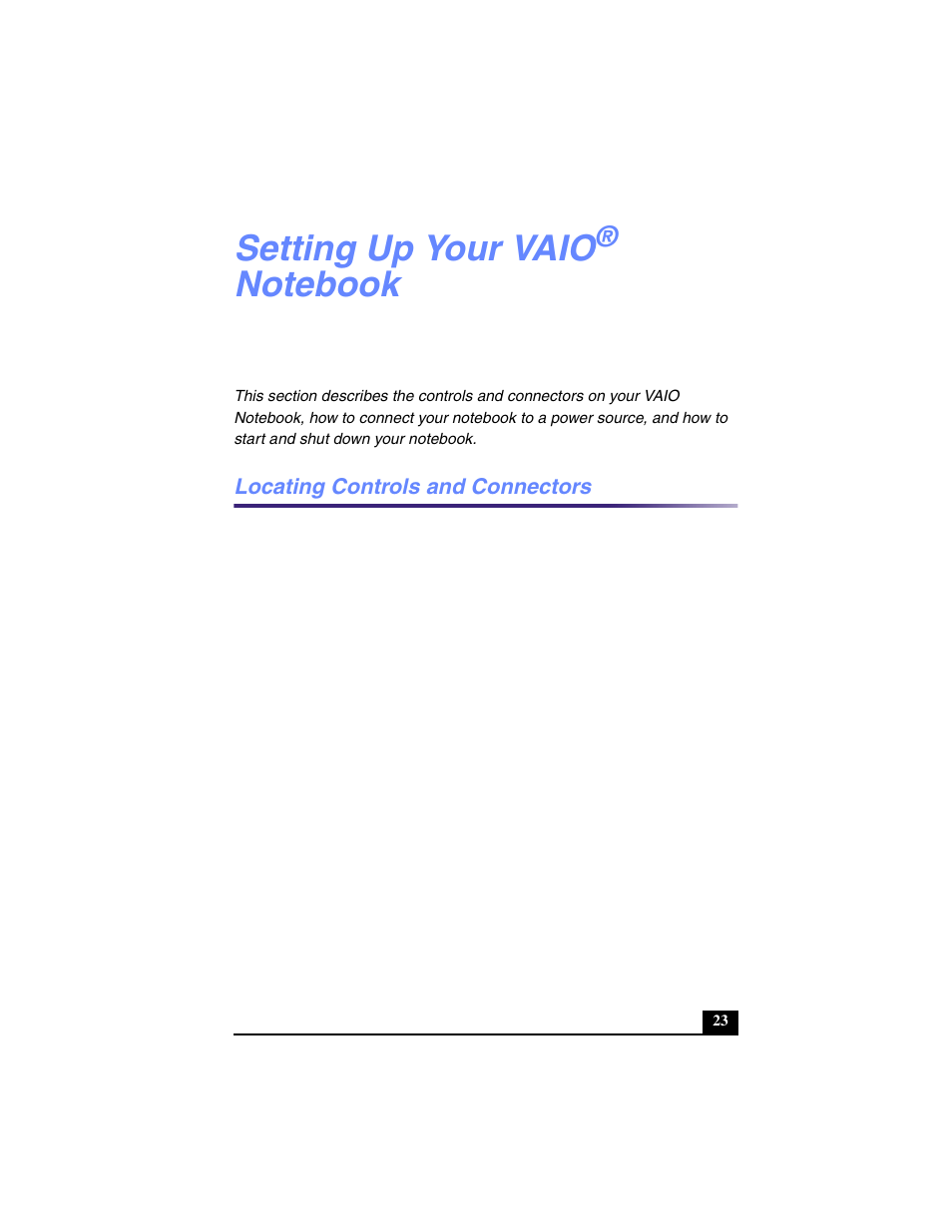 Setting up your vaio® notebook, Locating controls and connectors, Setting up your vaio | Sony PCG-R505TL User Manual | Page 23 / 146