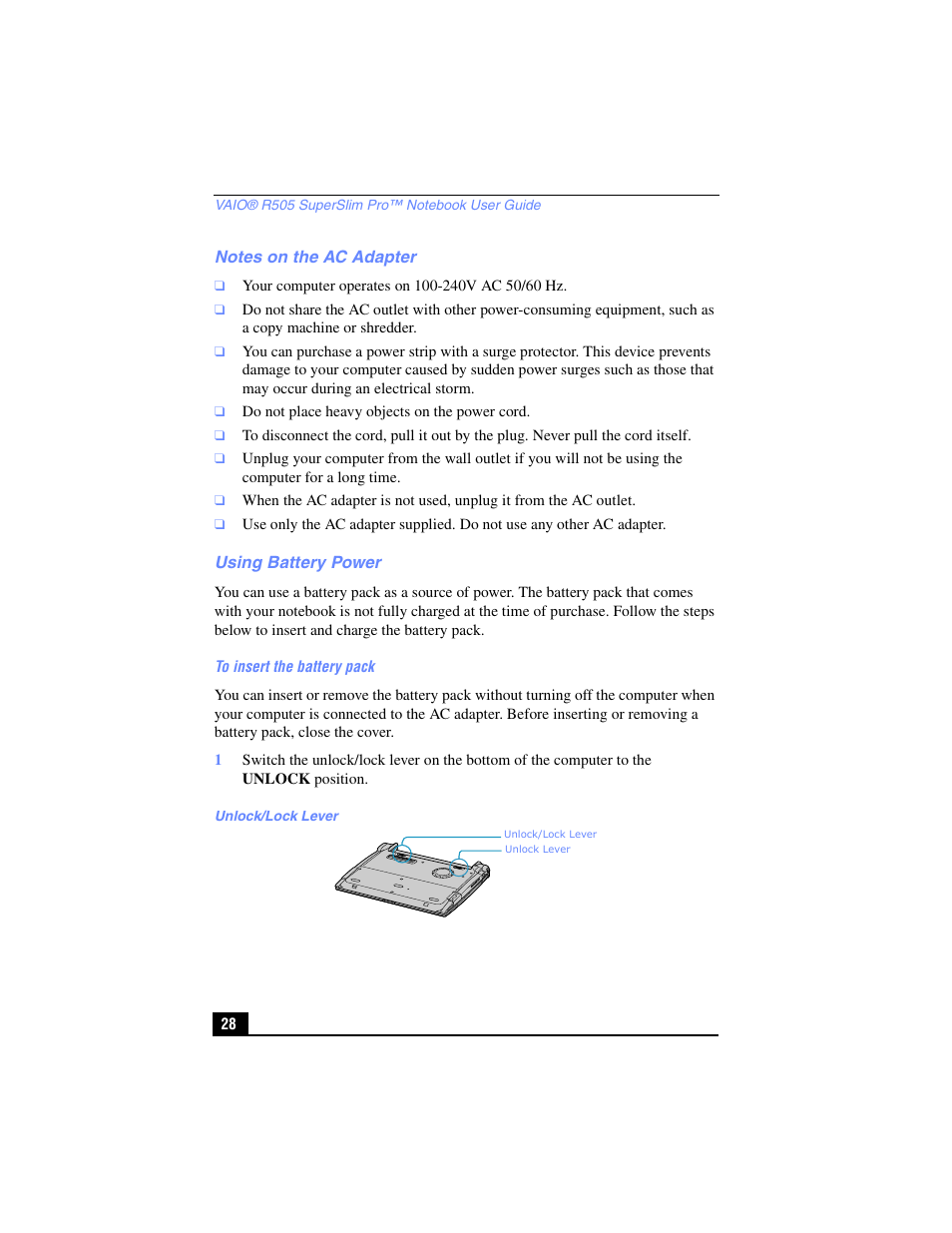 Notes on the ac adapter, Using battery power, Notes on the ac adapter using battery power | Sony PCG-R505TL User Manual | Page 28 / 146
