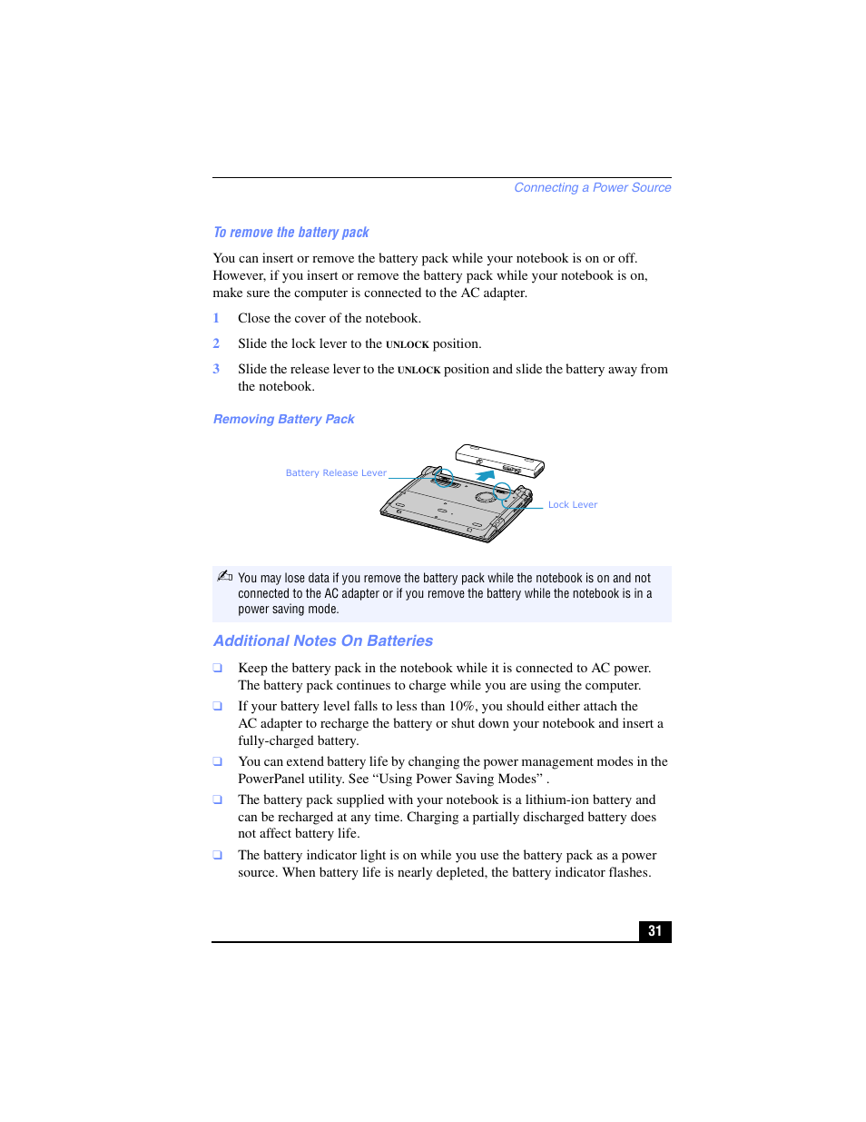 Additional notes on batteries | Sony PCG-R505TL User Manual | Page 31 / 146