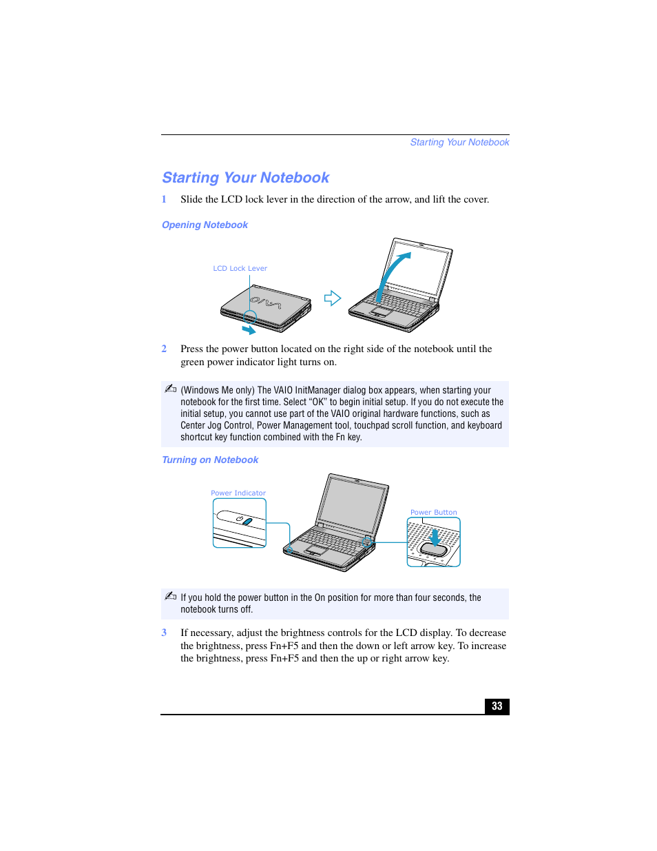 Starting your notebook | Sony PCG-R505TL User Manual | Page 33 / 146