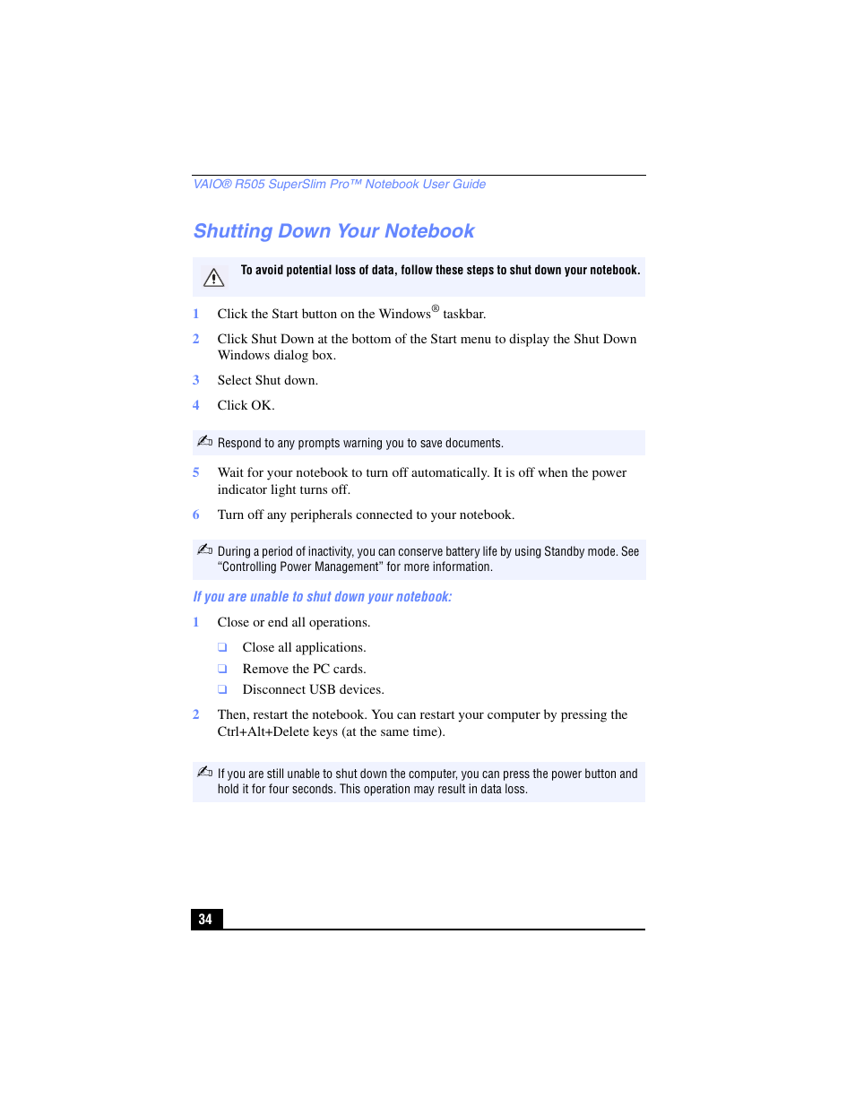 Shutting down your notebook | Sony PCG-R505TL User Manual | Page 34 / 146