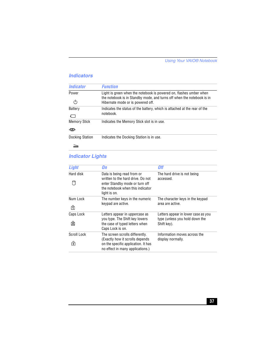 Indicators, Indicator lights, Indicators indicator lights | Sony PCG-R505TL User Manual | Page 37 / 146