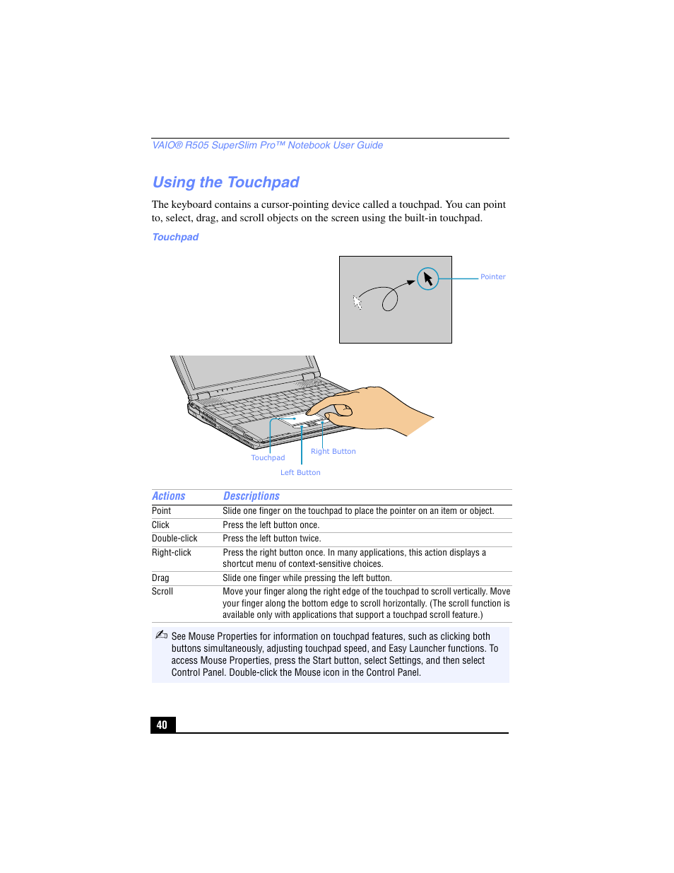 Using the touchpad | Sony PCG-R505TL User Manual | Page 40 / 146
