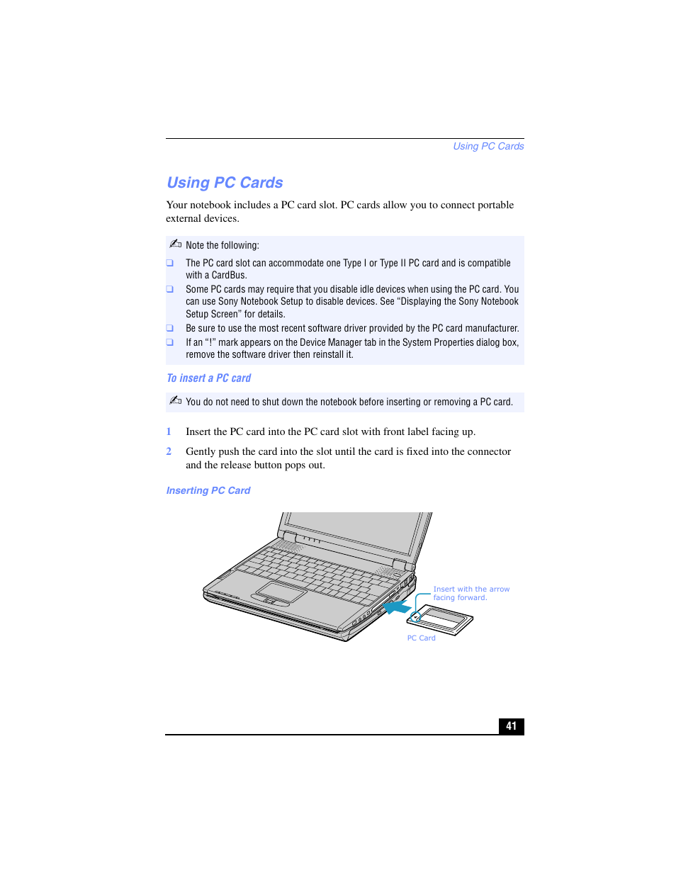 Using pc cards | Sony PCG-R505TL User Manual | Page 41 / 146