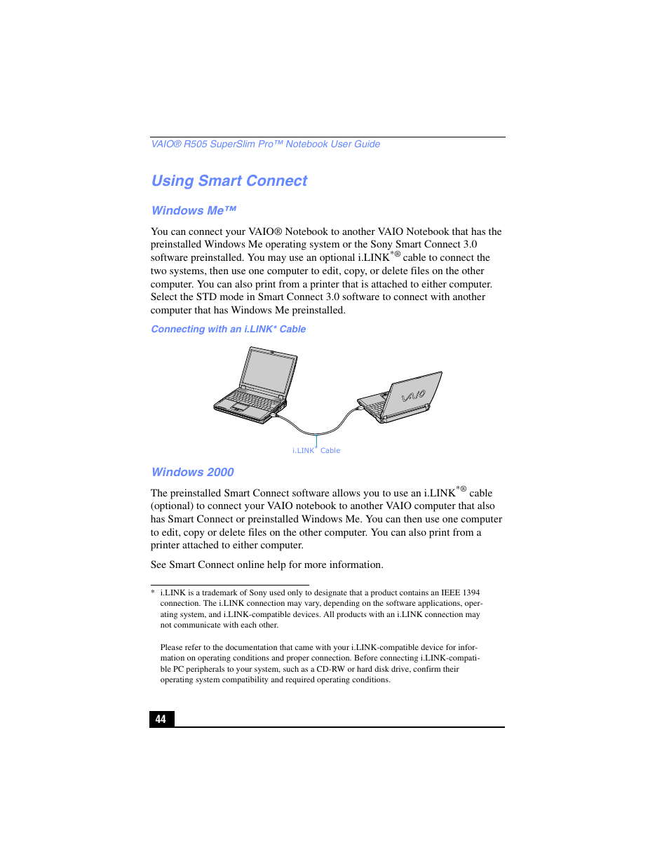 Using smart connect, Windows me, Windows 2000 | Windows me™ windows 2000 | Sony PCG-R505TL User Manual | Page 44 / 146