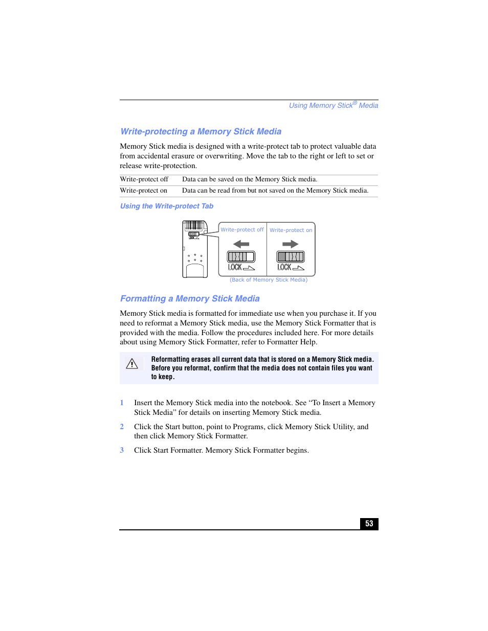 Write-protecting a memory stick media, Formatting a memory stick media | Sony PCG-R505TL User Manual | Page 53 / 146