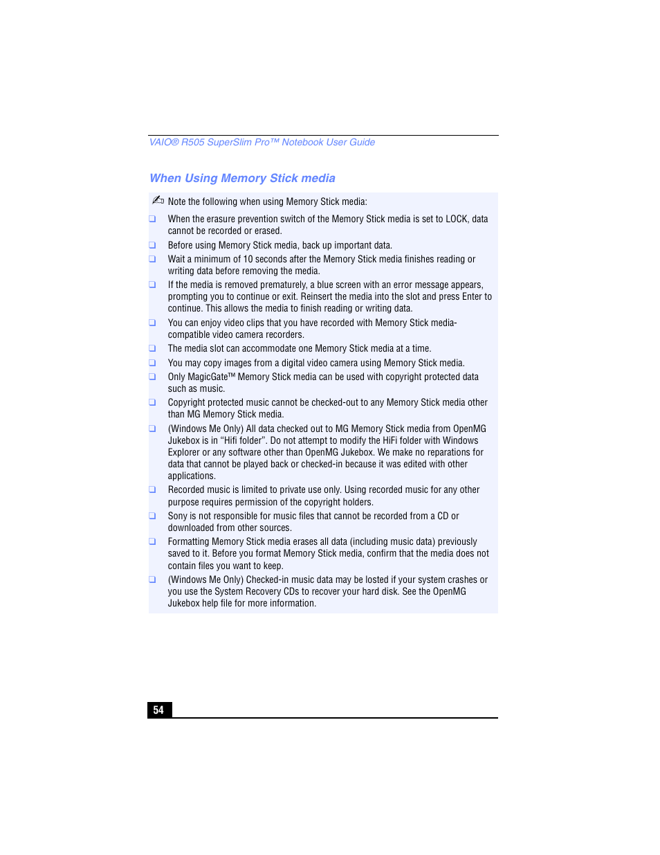 When using memory stick media | Sony PCG-R505TL User Manual | Page 54 / 146