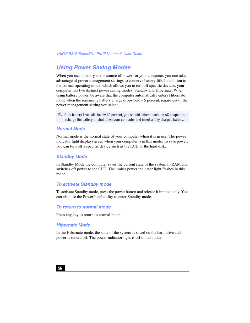 Using power saving modes, Normal mode, Standby mode | To activate standby mode, To return to normal mode, Hibernate mode | Sony PCG-R505TL User Manual | Page 56 / 146