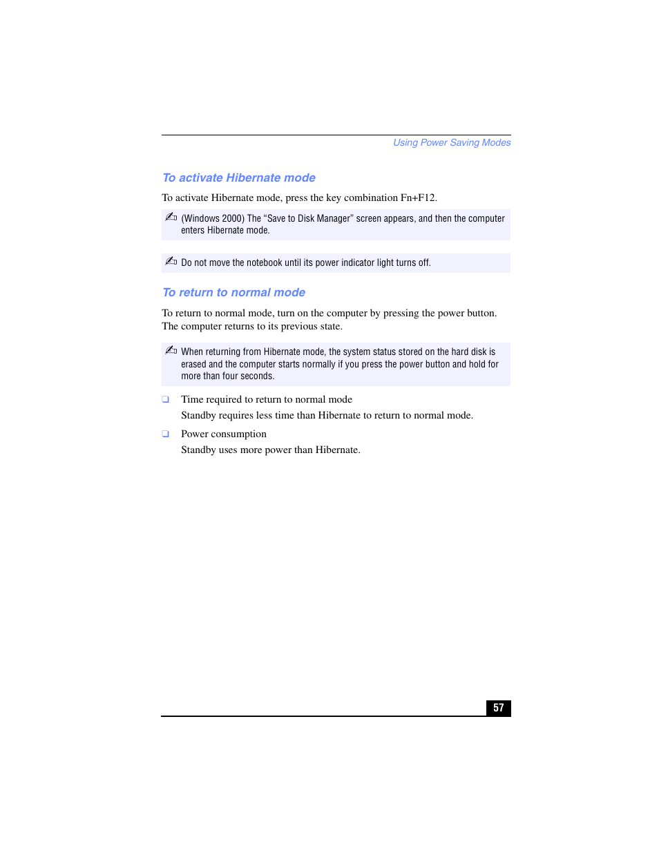 To activate hibernate mode, To return to normal mode | Sony PCG-R505TL User Manual | Page 57 / 146