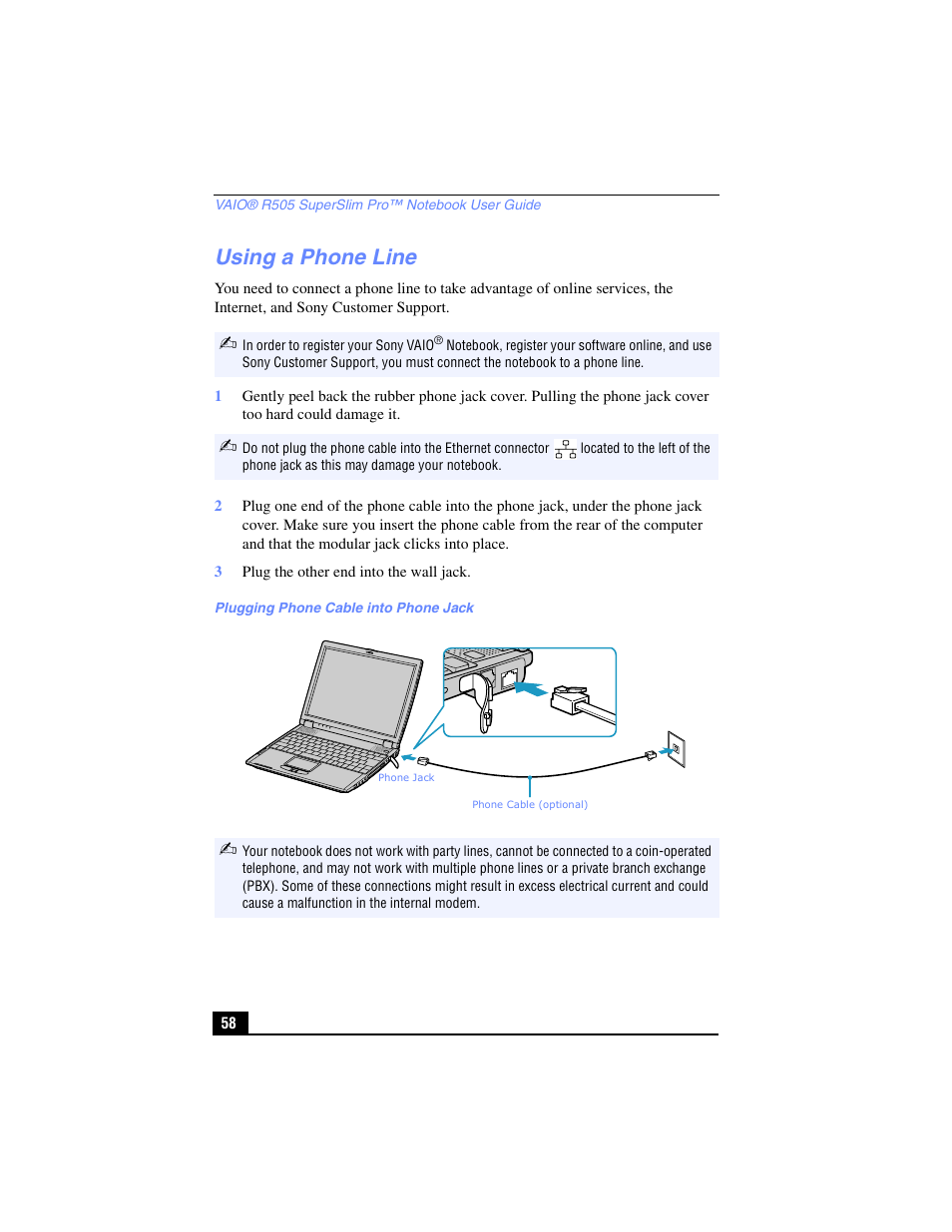 Using a phone line | Sony PCG-R505TL User Manual | Page 58 / 146