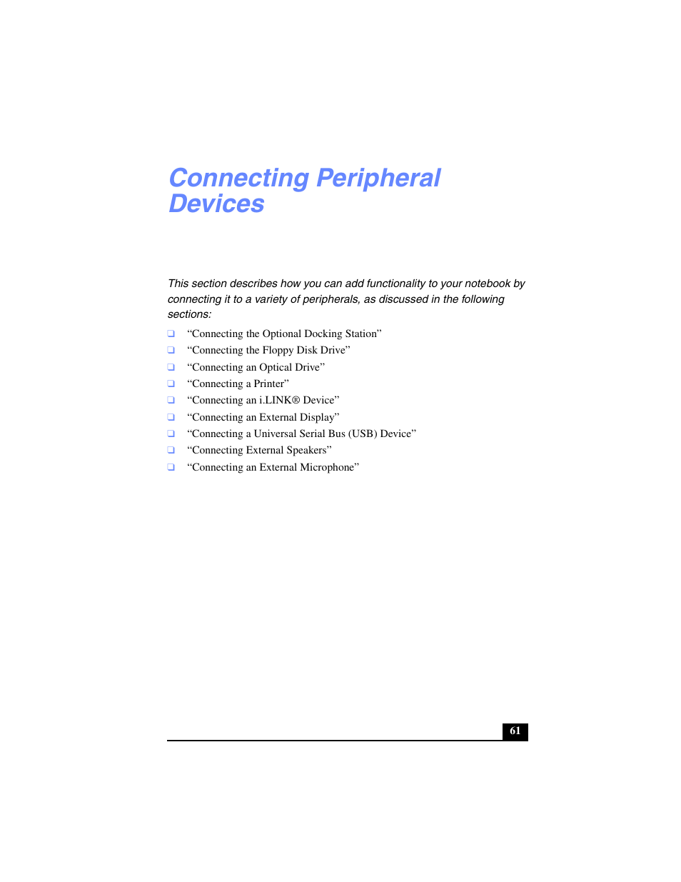 Connecting peripheral devices | Sony PCG-R505TL User Manual | Page 61 / 146