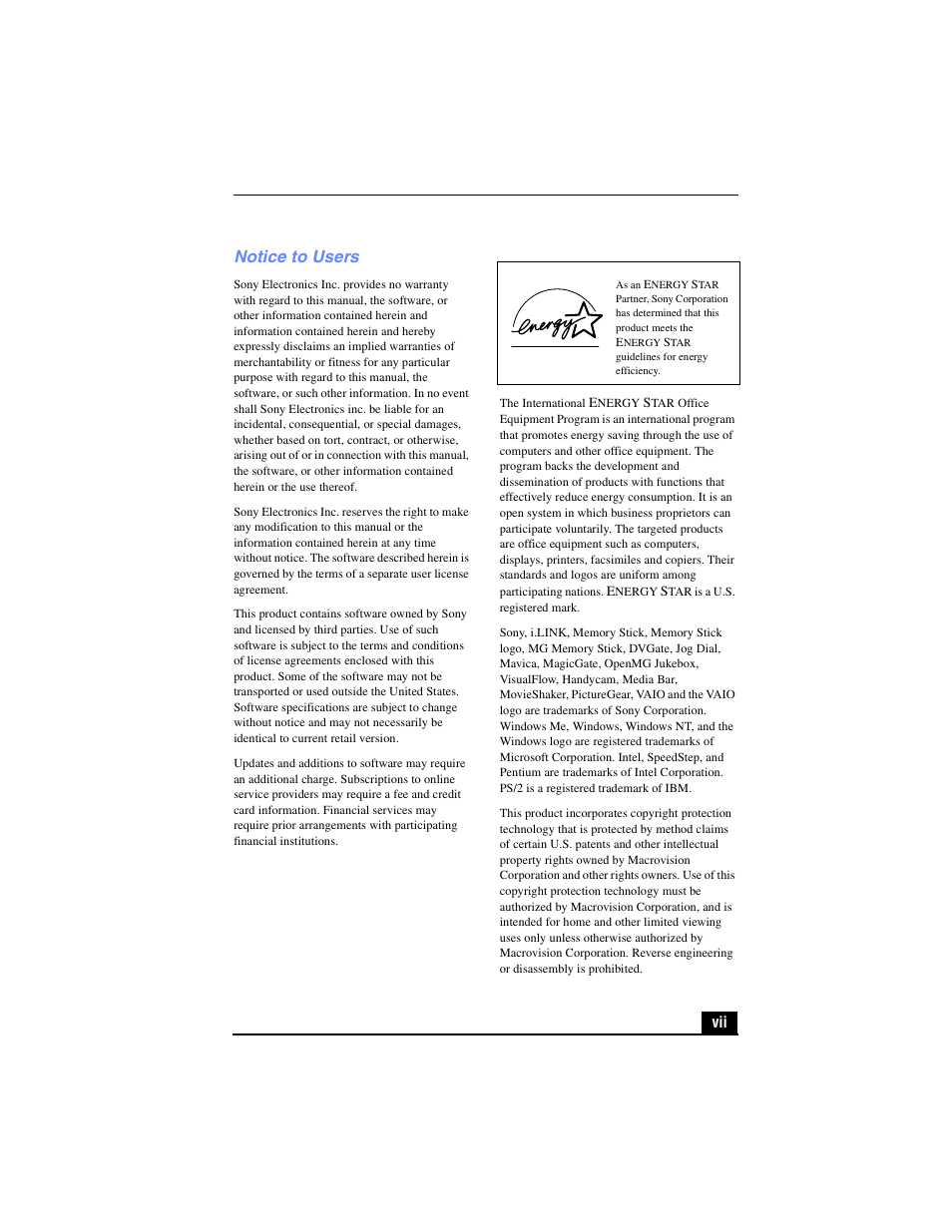 Notice to users | Sony PCG-R505TL User Manual | Page 7 / 146