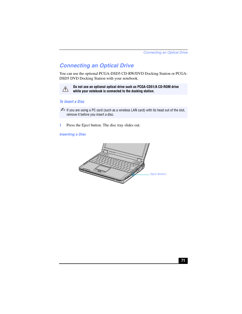 Connecting an optical drive | Sony PCG-R505TL User Manual | Page 71 / 146