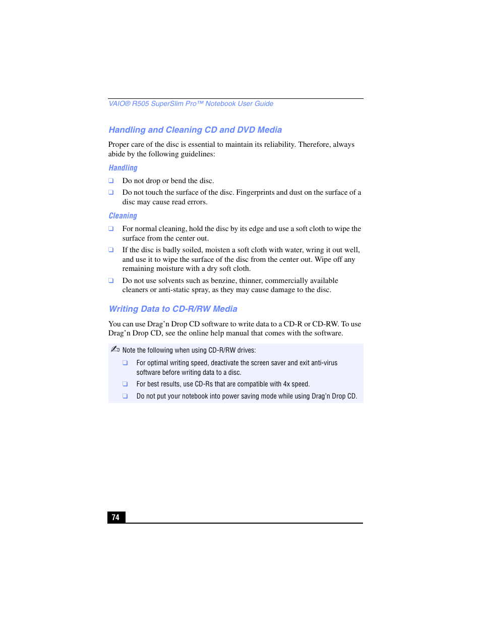 Handling and cleaning cd and dvd media, Writing data to cd-r/rw media | Sony PCG-R505TL User Manual | Page 74 / 146