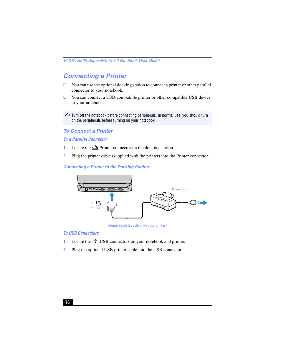 Connecting a printer, To connect a printer | Sony PCG-R505TL User Manual | Page 76 / 146