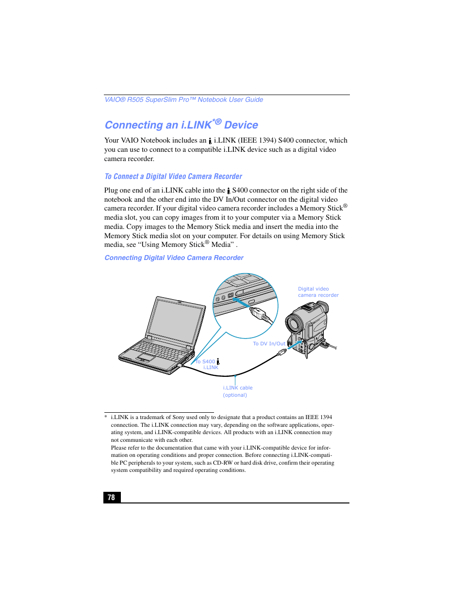 Connecting an i.link® device, Connecting an i.link, Device | Sony PCG-R505TL User Manual | Page 78 / 146