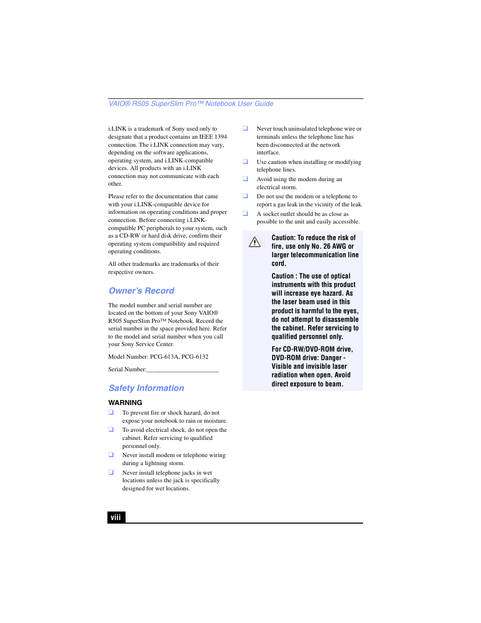 Owner’s record, Safety information | Sony PCG-R505TL User Manual | Page 8 / 146