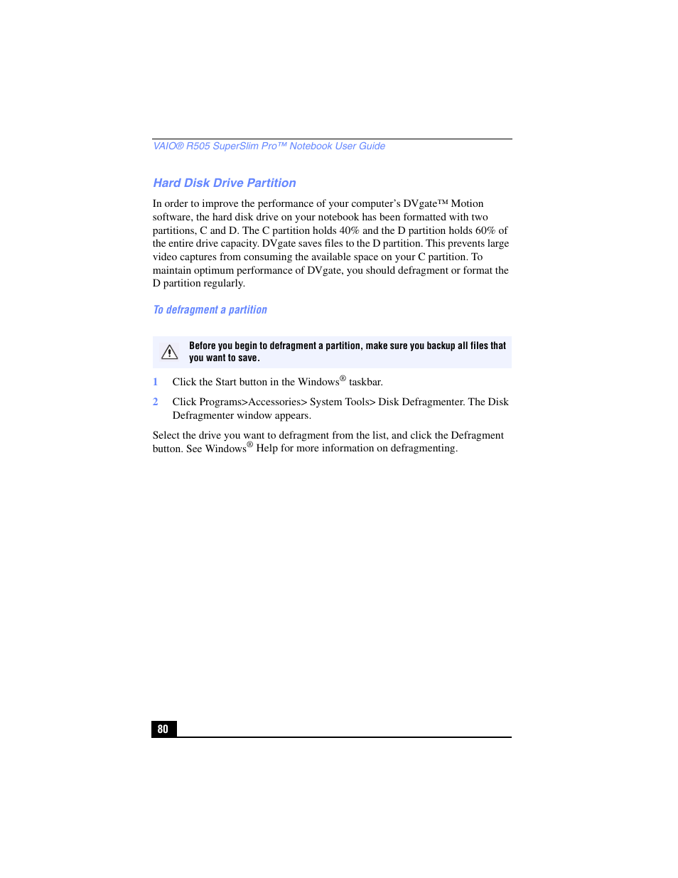 Hard disk drive partition | Sony PCG-R505TL User Manual | Page 80 / 146