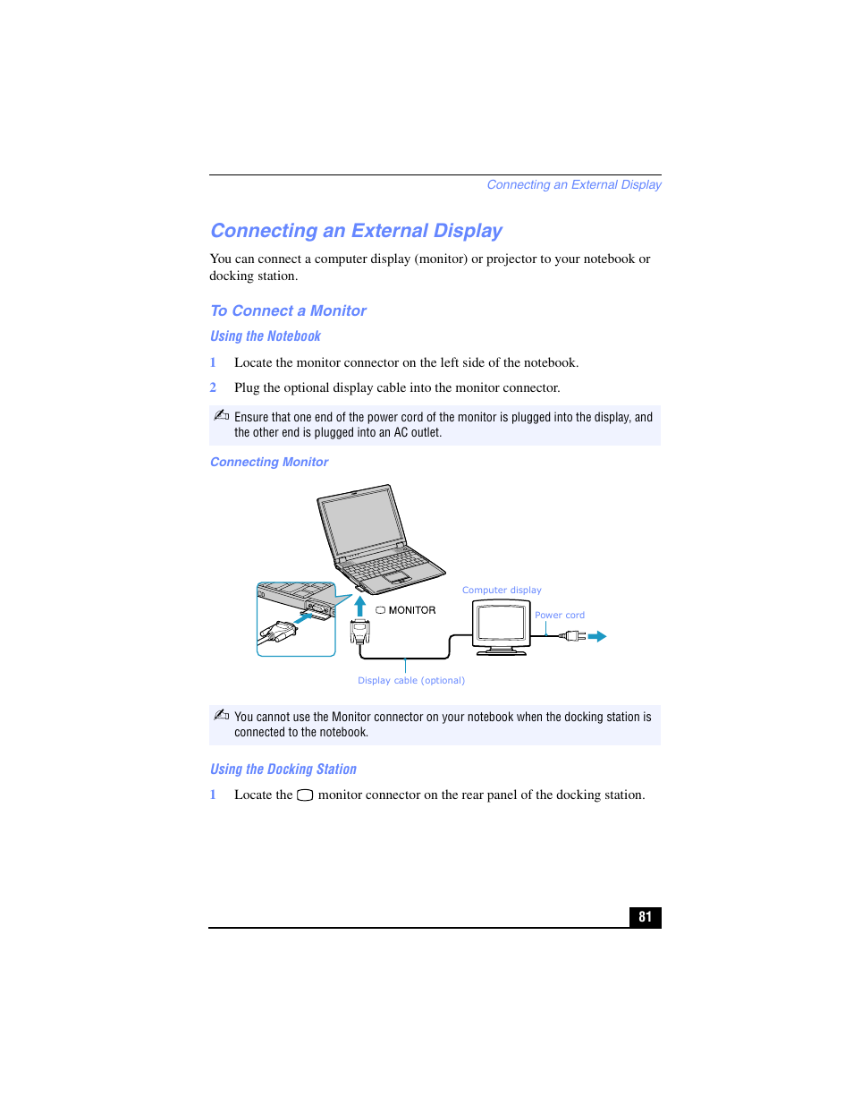 Connecting an external display, To connect a monitor | Sony PCG-R505TL User Manual | Page 81 / 146