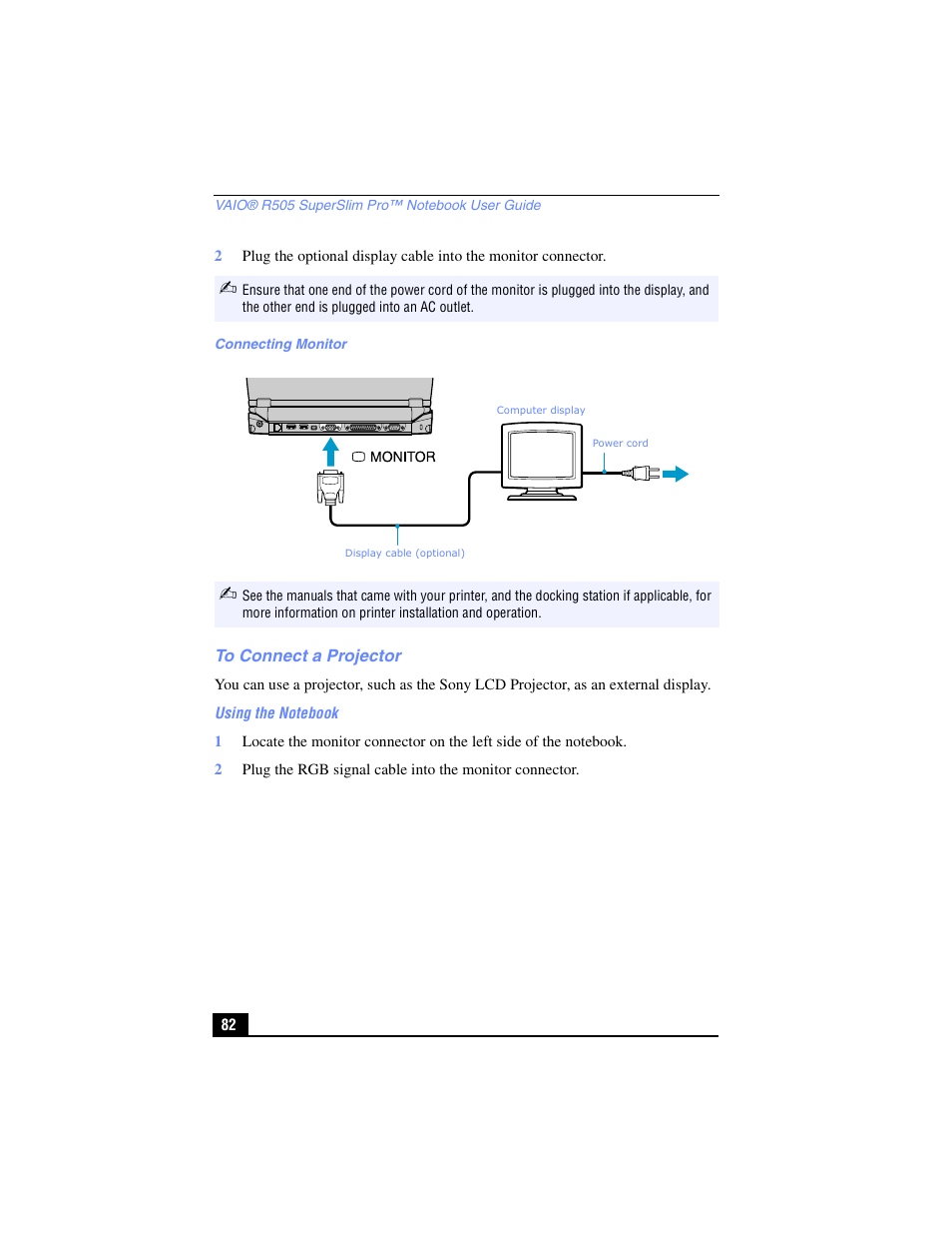 To connect a projector | Sony PCG-R505TL User Manual | Page 82 / 146