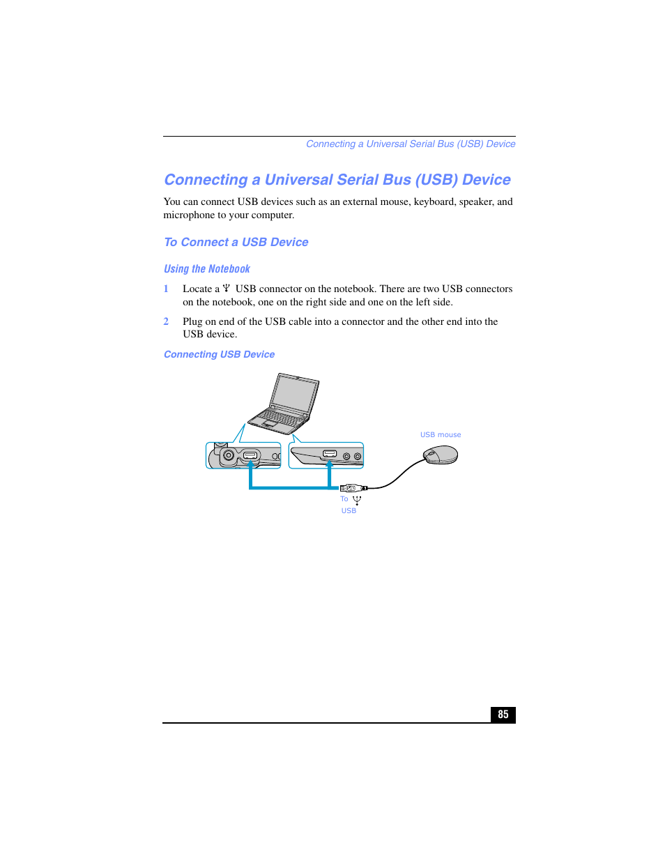 Connecting a universal serial bus (usb) device, To connect a usb device | Sony PCG-R505TL User Manual | Page 85 / 146