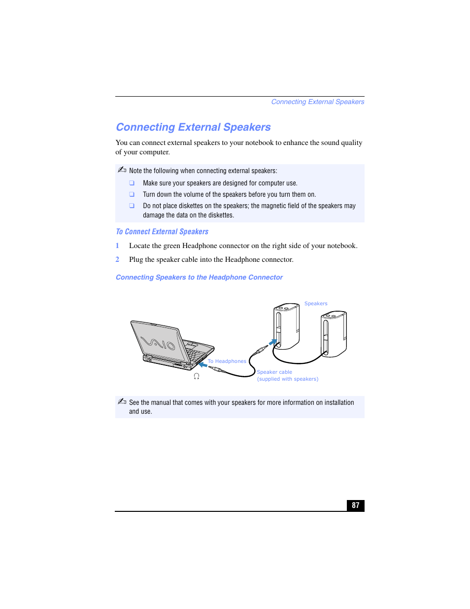 Connecting external speakers | Sony PCG-R505TL User Manual | Page 87 / 146