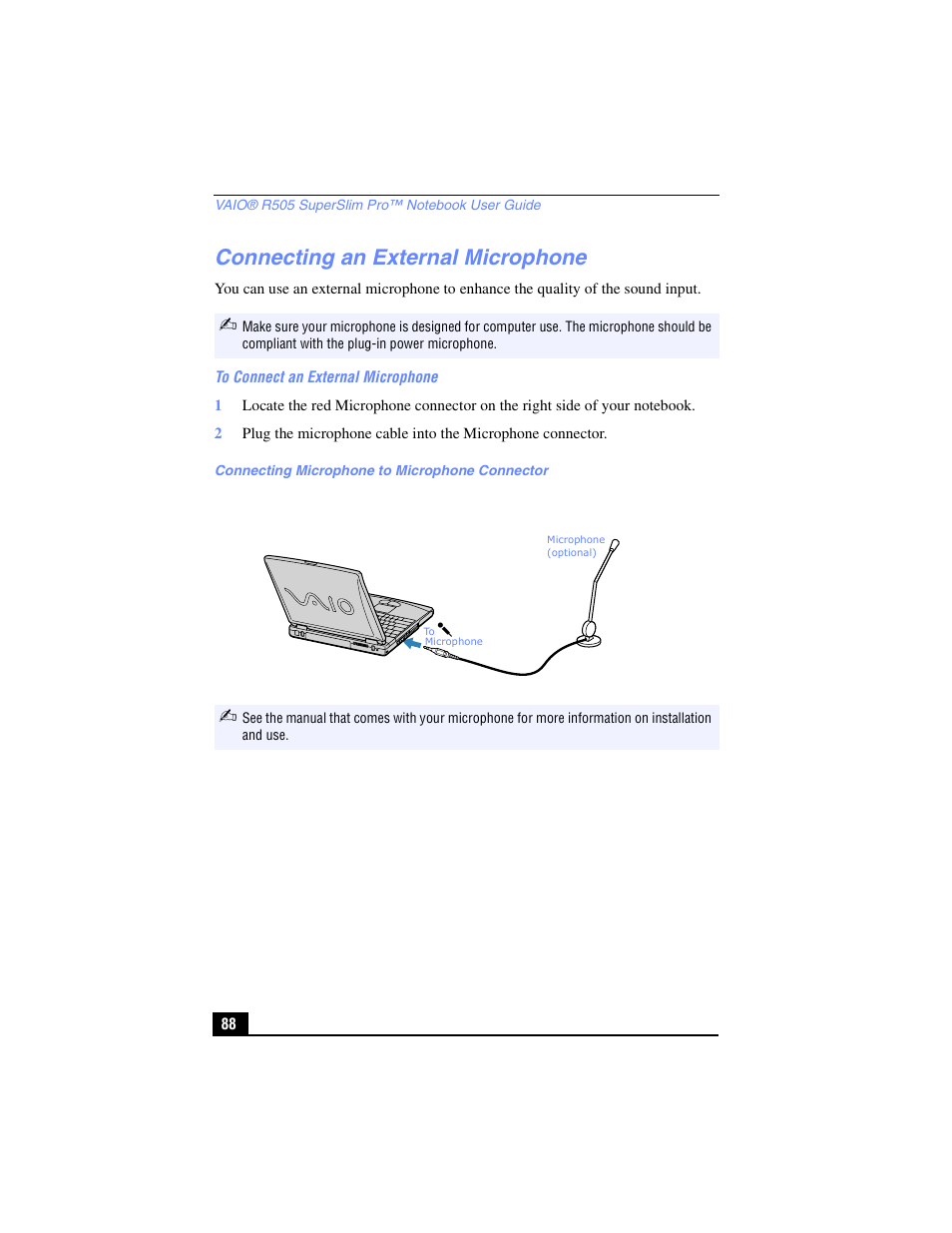 Connecting an external microphone | Sony PCG-R505TL User Manual | Page 88 / 146