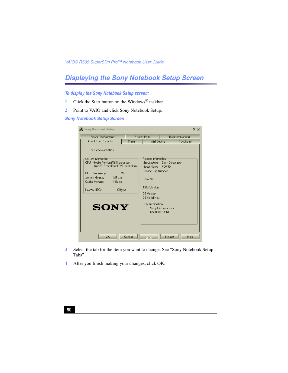 Displaying the sony notebook setup screen | Sony PCG-R505TL User Manual | Page 90 / 146