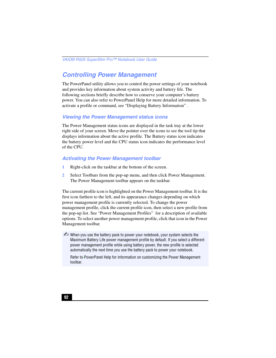 Controlling power management, Viewing the power management status icons, Activating the power management toolbar | Sony PCG-R505TL User Manual | Page 92 / 146