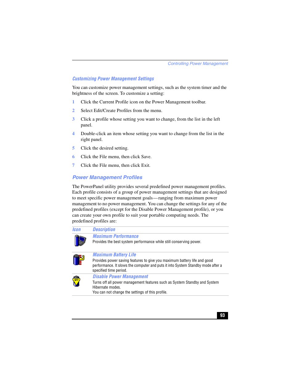 Power management profiles | Sony PCG-R505TL User Manual | Page 93 / 146