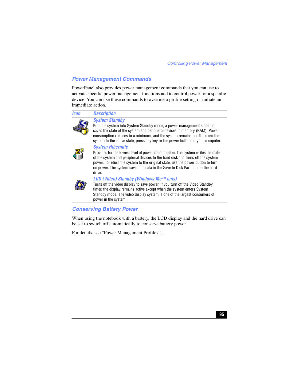 Power management commands, Conserving battery power, Power management commands conserving battery power | Sony PCG-R505TL User Manual | Page 95 / 146