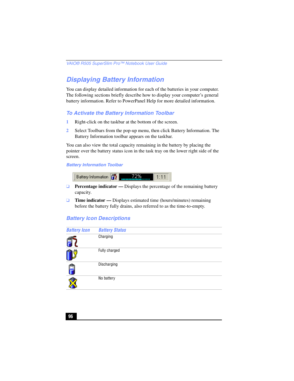 Displaying battery information, To activate the battery information toolbar, Battery icon descriptions | 96 battery icon descriptions | Sony PCG-R505TL User Manual | Page 96 / 146