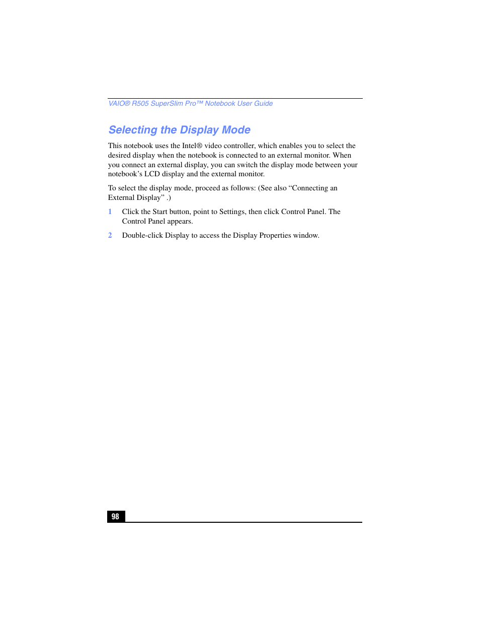 Selecting the display mode, Troubleshooting the modem | Sony PCG-R505TL User Manual | Page 98 / 146