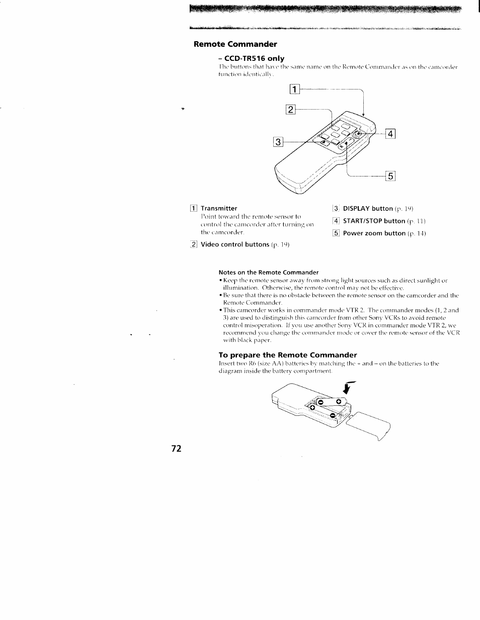 Remote commander, Ccd-tr516 only, Rri transmitter | Jj video control buttons (p. ip), Notes on the remote commander, To prepare the remote commander | Sony CCD-TR416 User Manual | Page 73 / 77