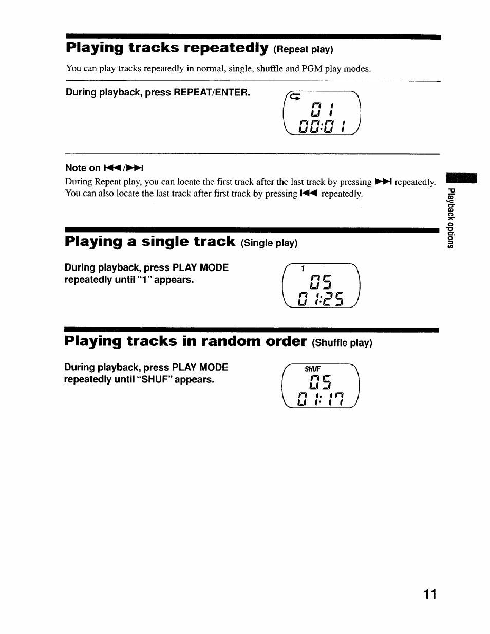Playing tracks repeatedly, Playing a single track, Playing tracks in random order | Sony D-EJ715 User Manual | Page 11 / 26