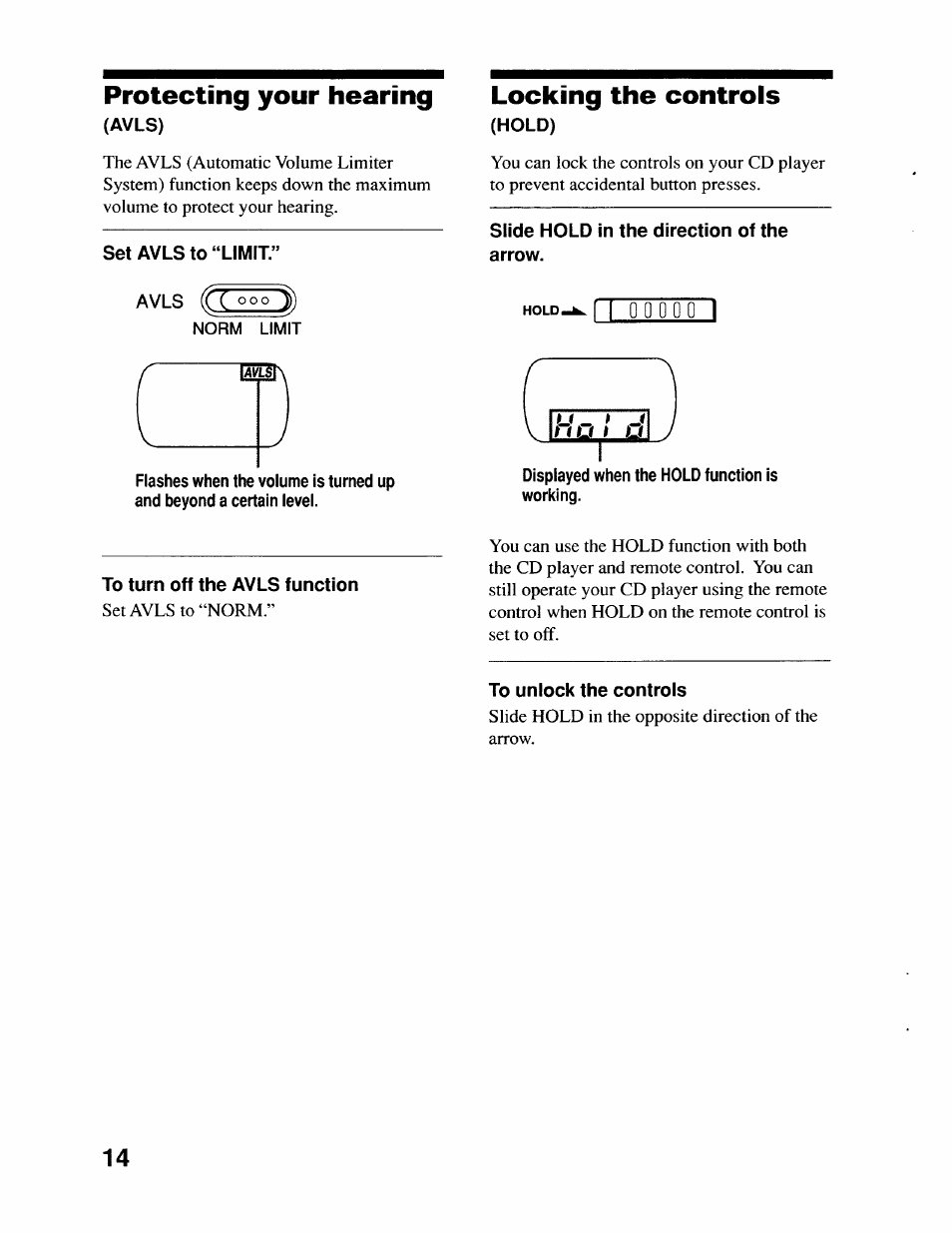 Protecting your hearing, Avls), Set avls to “limit | Locking the controls, Hold), Slide hold in the direction of the arrow, To turn off the avls function, Displayed when the hold function is working, To unlock the controls, Locating the controls | Sony D-EJ715 User Manual | Page 14 / 26
