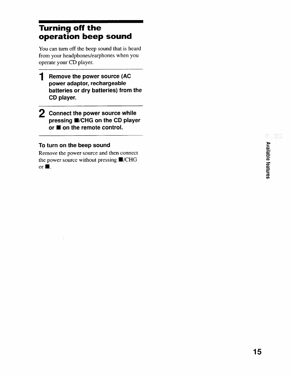 Turning off the operation beep sound | Sony D-EJ715 User Manual | Page 15 / 26