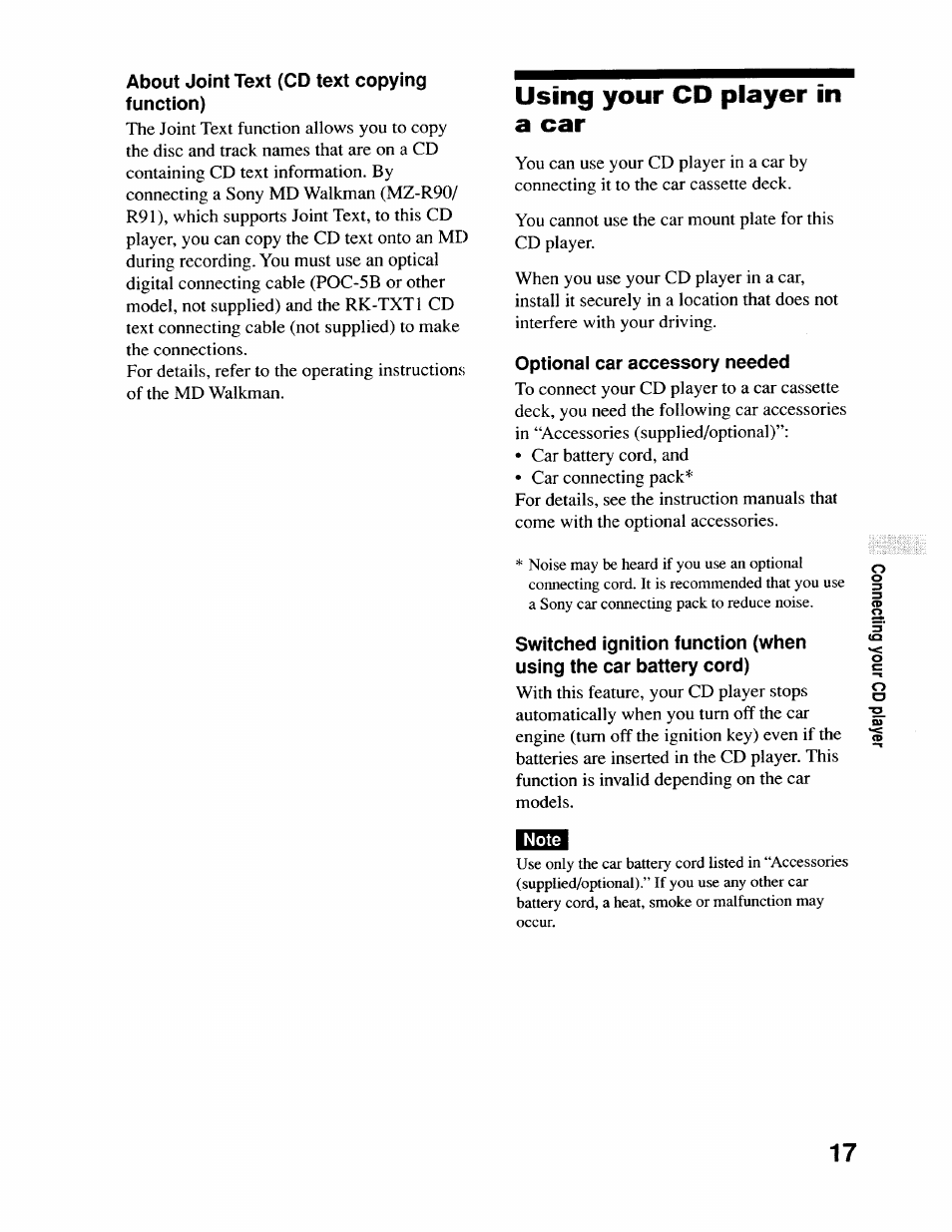About joint text (cd text copying function), Using your cd player in a car, Optional car accessory needed | Sony D-EJ715 User Manual | Page 17 / 26