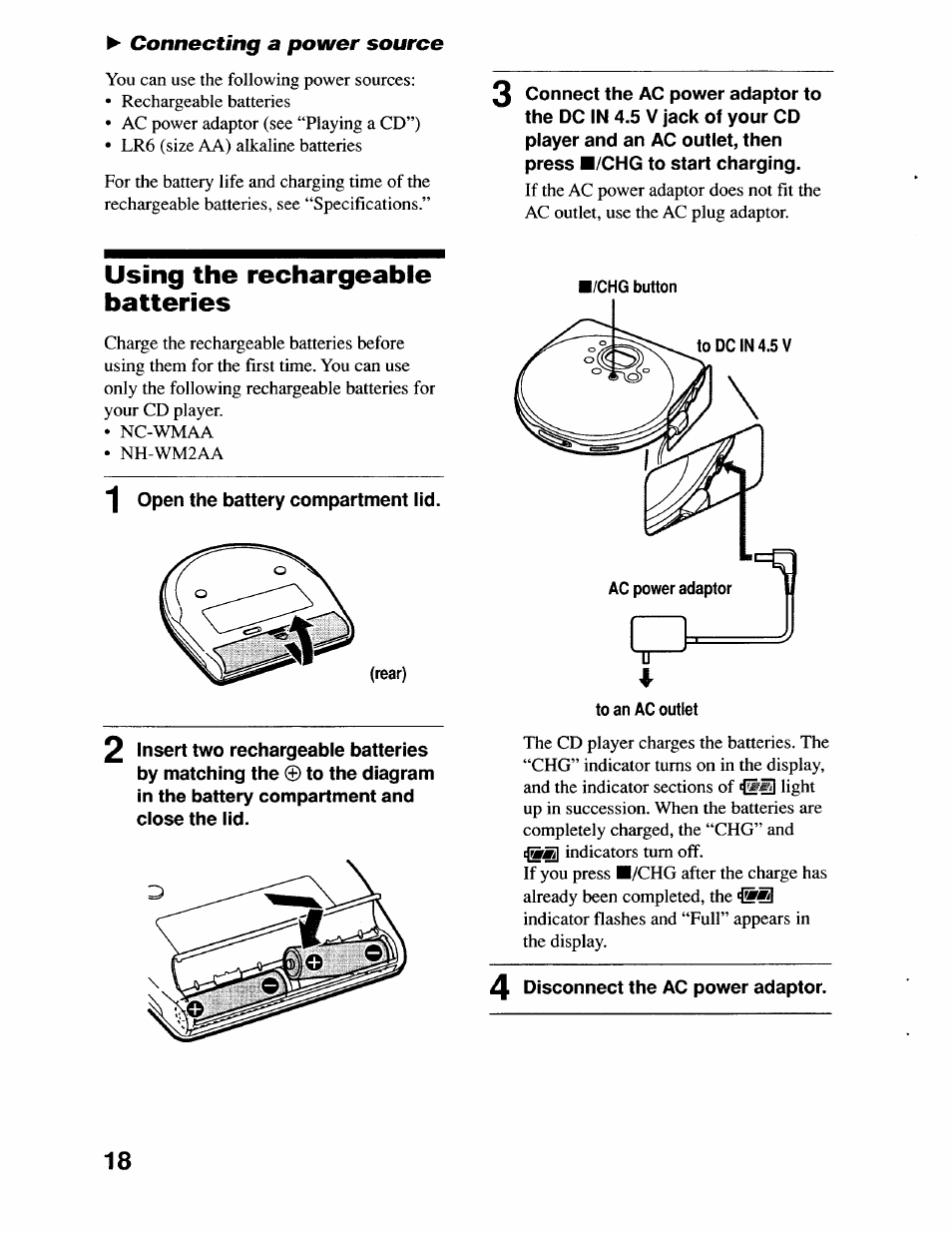Using the rechargeable batteries | Sony D-EJ715 User Manual | Page 18 / 26