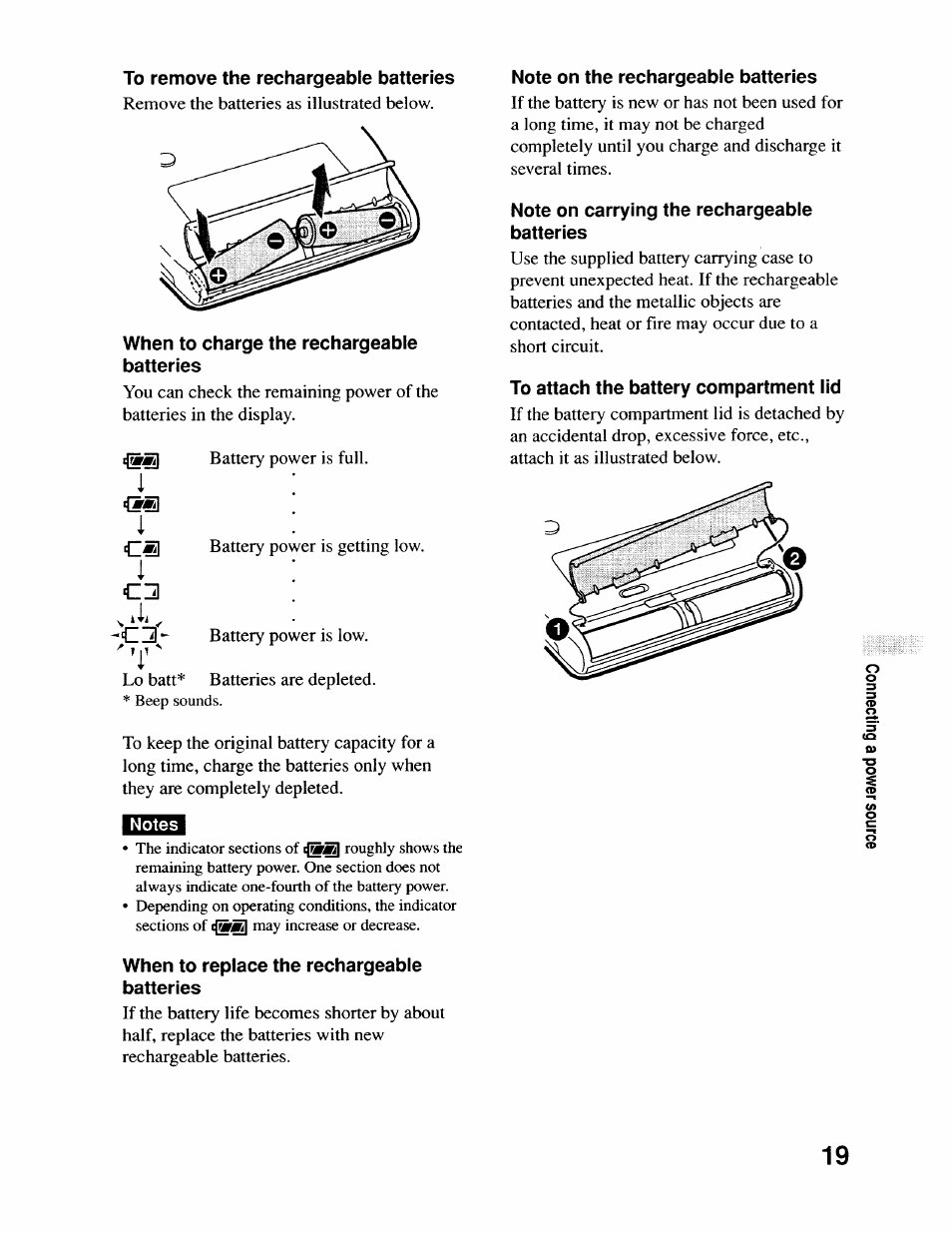 To remove the rechargeable batteries, When to charge the rechargeable batteries, Notes | When to replace the rechargeable batteries, Note on the rechargeable batteries, Note on carrying the rechargeable batteries, To attach the battery compartment lid | Sony D-EJ715 User Manual | Page 19 / 26