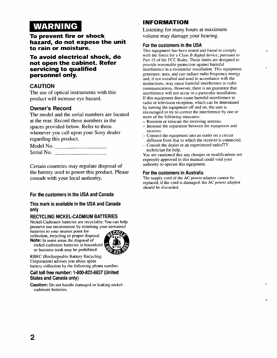 Caution, Owner’s record, For the customers in the usa and canada | This mark is availabie in the usa and canada only, Recycling nickel-cadmium batteries, For the customers in the usa, For the customers in australia, Warning, Information | Sony D-EJ715 User Manual | Page 2 / 26