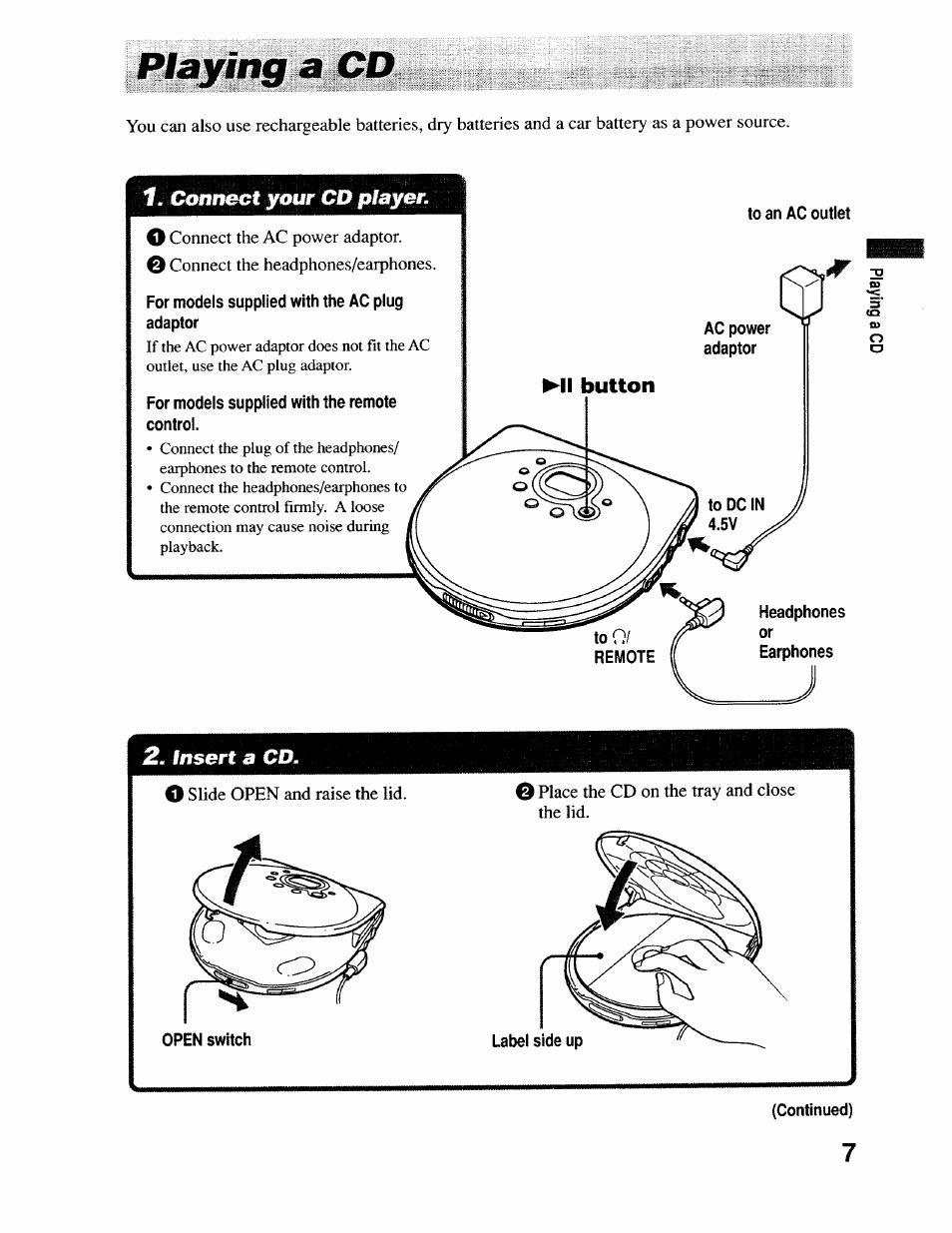 Playing a cd, For models supplied with the ac plug adaptor, For models supplied with the remote control | Open switch, Label side up, Continued) | Sony D-EJ715 User Manual | Page 7 / 26