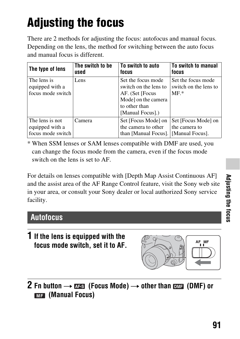Adjusting the focus, Autofocus, Mode (91) | Focus mode (91) | Sony SLT-A99V User Manual | Page 91 / 245