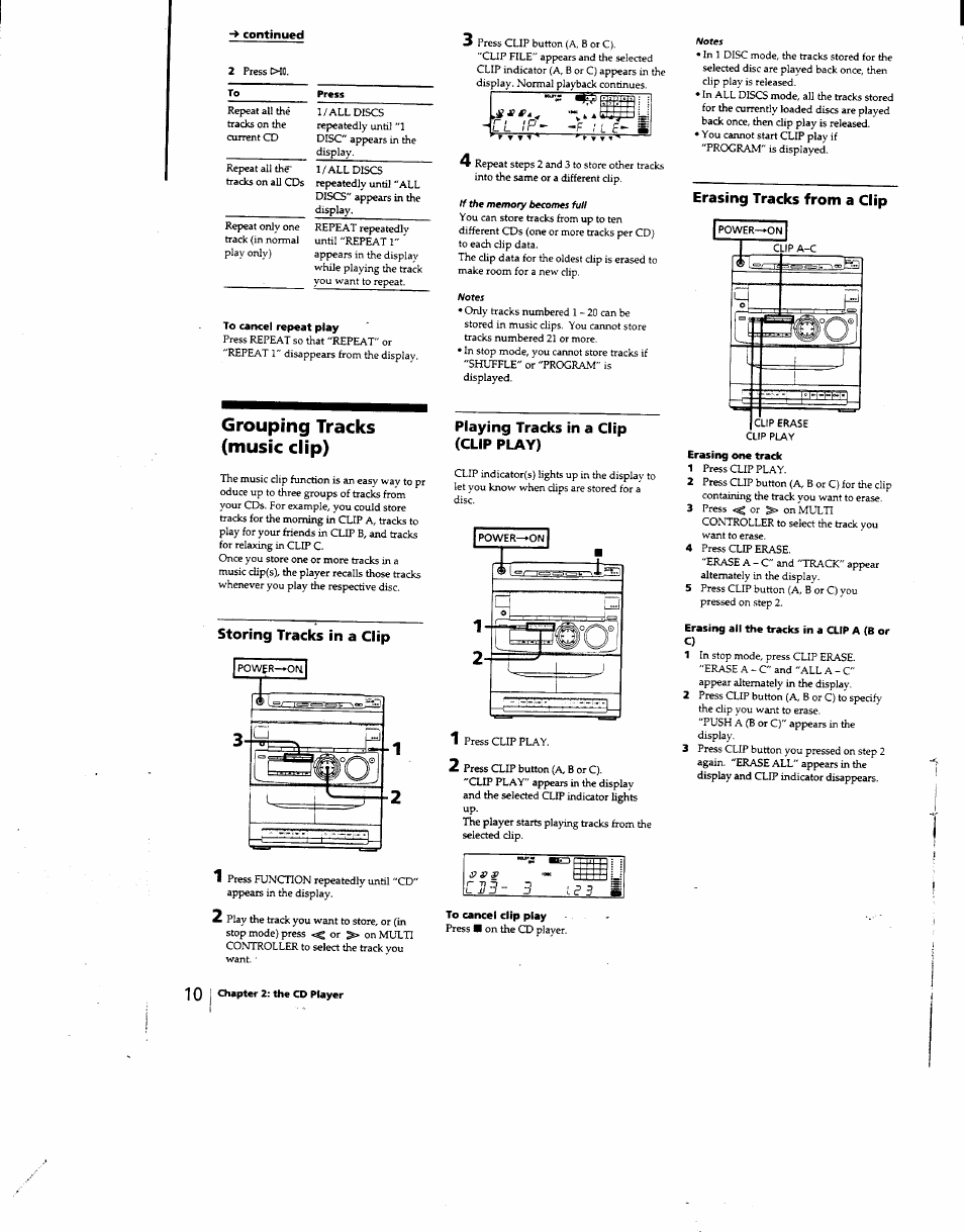To cancel repeat play, Grouping tracks (music clip), To cancel clip play | Erasing one track, Erasing all the tracks in a clip a (b or | Sony MHC-331 User Manual | Page 10 / 28