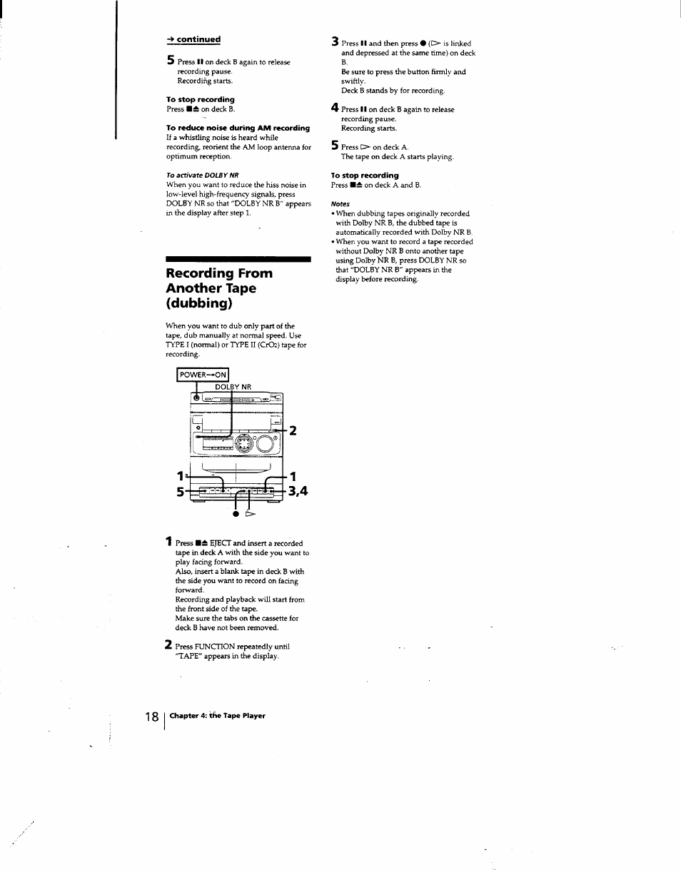 To stop recording, To reduce noise during am recording, Recording from another tape (dubbing) | Sony MHC-331 User Manual | Page 18 / 28