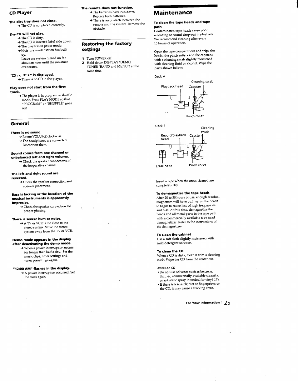 Co no disc" is displayed, Maintenance, Cd player | General, Restoring the factory settings | Sony MHC-331 User Manual | Page 25 / 28