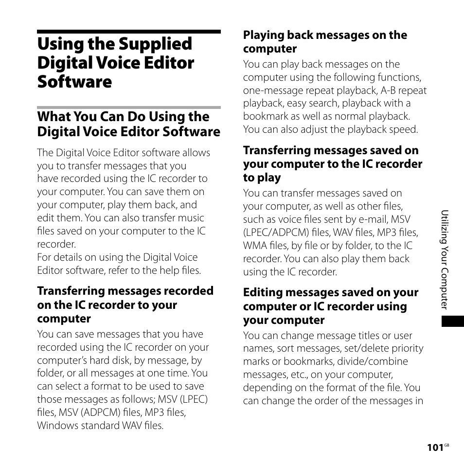 Using the supplied digital voice editor software, Using the supplied digital voice editor, Software | What you can do using the digital, Voice editor software | Sony ICD-SX750 User Manual | Page 101 / 136