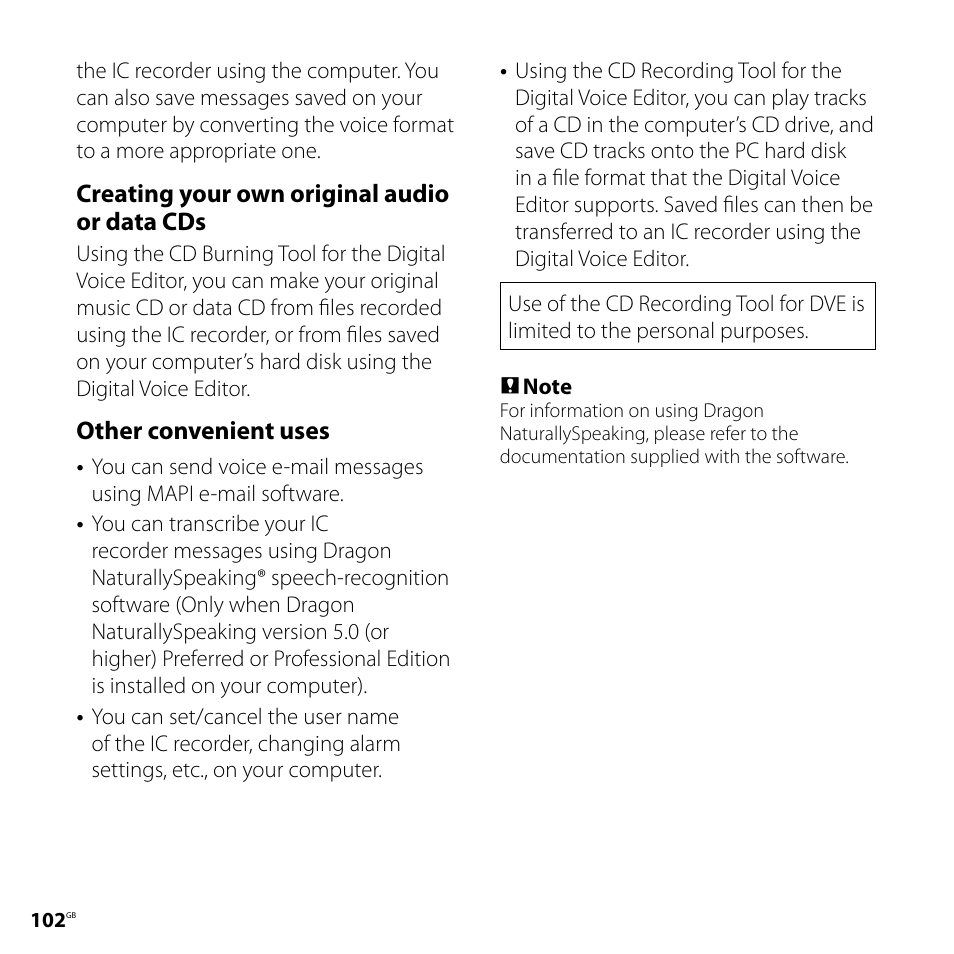 Creating your own original audio or data cds, Other convenient uses | Sony ICD-SX750 User Manual | Page 102 / 136