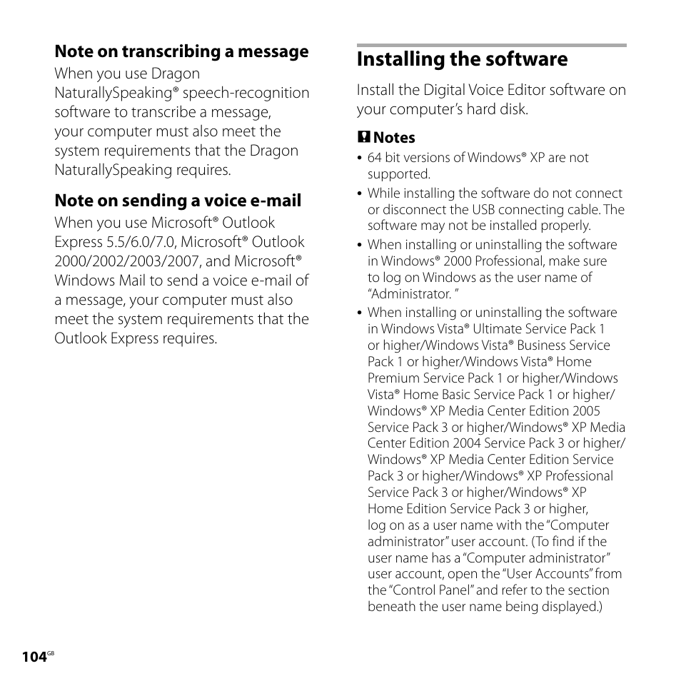 Installing the software | Sony ICD-SX750 User Manual | Page 104 / 136